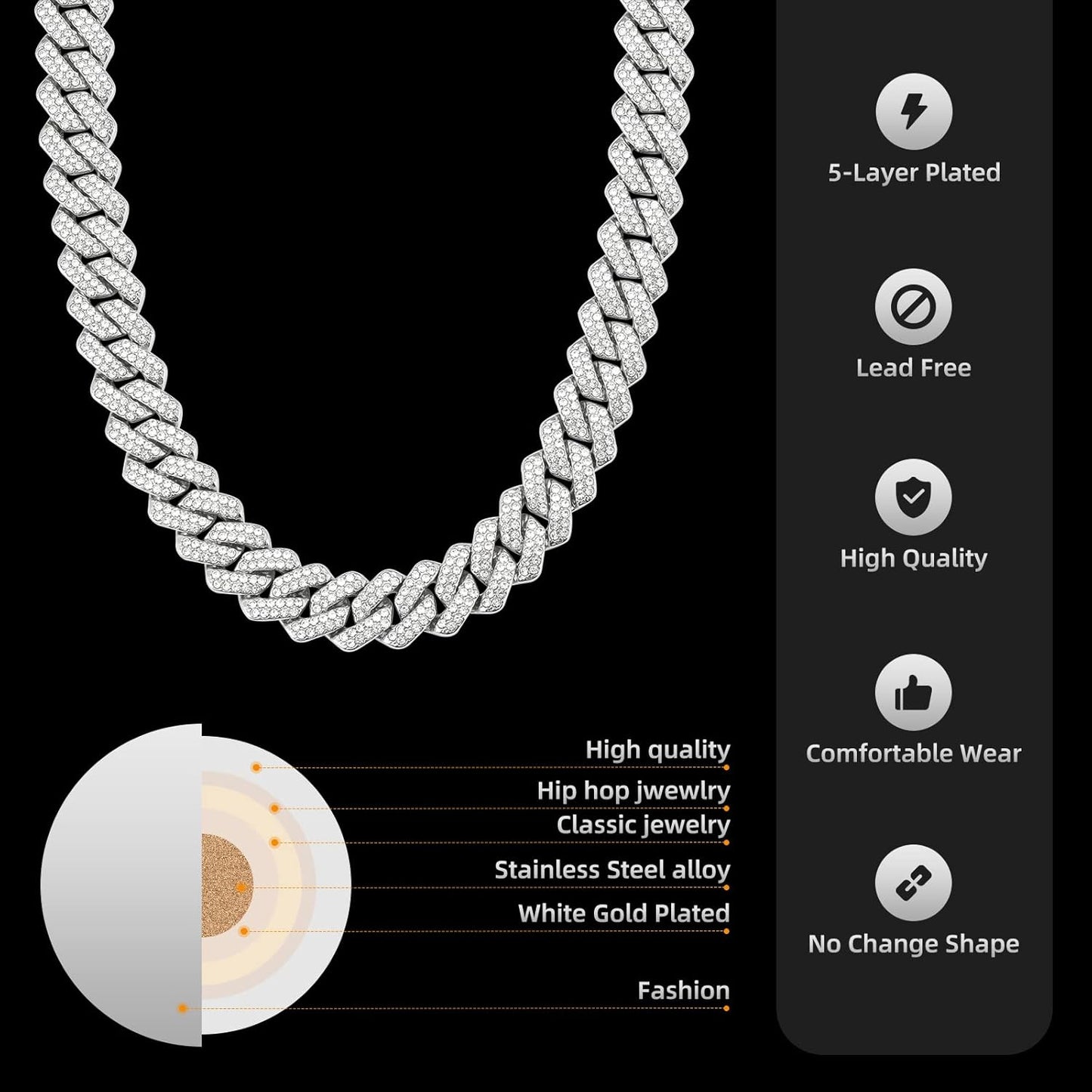 Mens Cuban Link Chain Miami Cuban Necklace 18K Gold Silver Chain Diamond Cut Chains for Men Women 14Mm Iced Out Hip Hop Jewelry