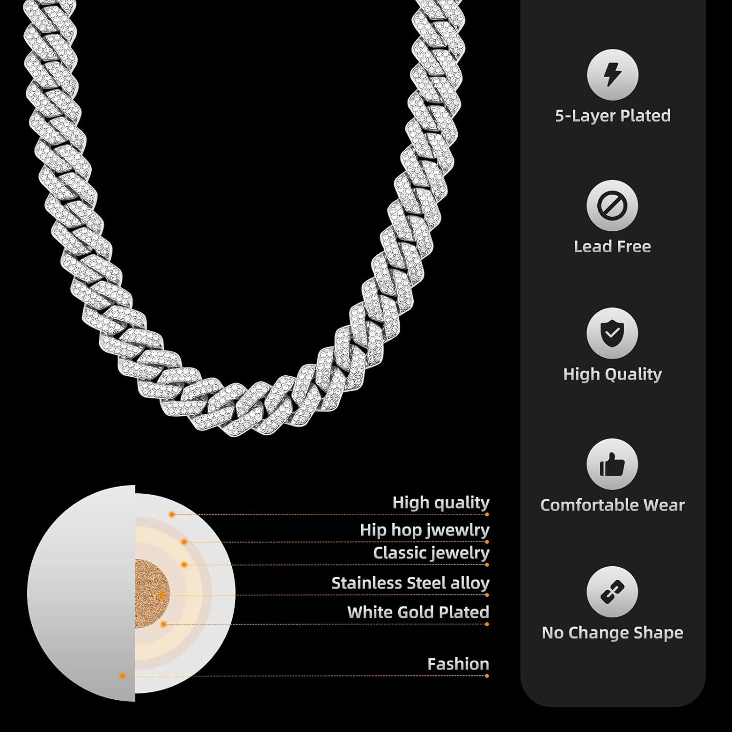 Mens Cuban Link Chain Miami Cuban Necklace 18K Gold Silver Chain Diamond Cut Chains for Men Women 14Mm Iced Out Hip Hop Jewelry