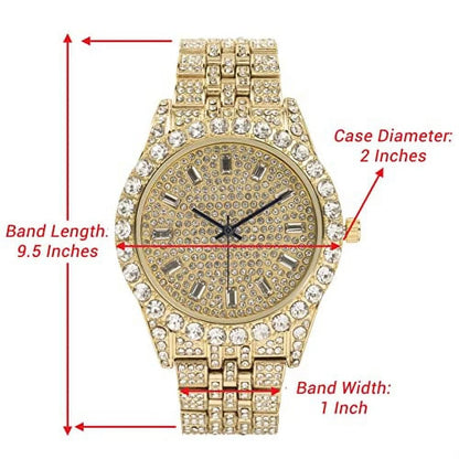 Blinged Out Cuban Necklace W/ Matching Bracelet and Fire Iced Out Timepiece - Boujee 3Pc Set - 2023 CNBW (ST10226 Gld/Gld)